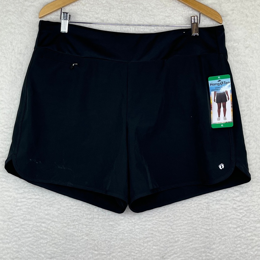 Hang Ten Womens Black Active Athletic Shorts Size XL Swim Pocket‎ Stretch